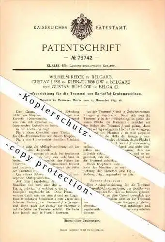 Original Patent - W. Reeck , G. Less und G. Bühlow in Belgard a.d. Persante / Bialogard , 1893 , Kartoffel-Erntemaschine