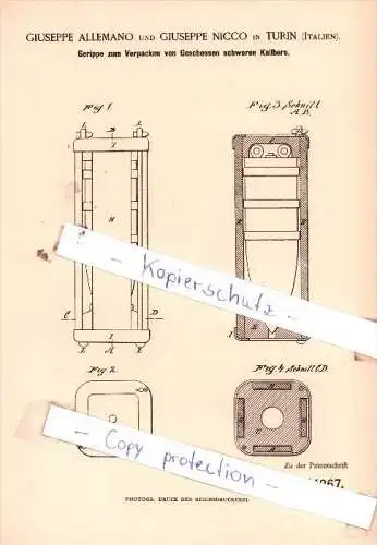 Original Patent  - Giuseppe Allemano und Giuseppe Nicco in Turin , Italien , 1885 , !!!