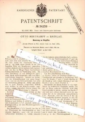 Original Patent  - Otto Hertrampf in Breslau , 1885 , Neuerung an Ringöfen !!!