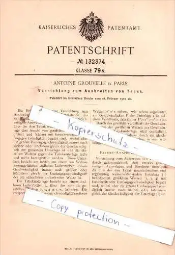 Original Patent  - Antonie Grouvelle in Paris , 1901 , Vorrichtung zum Ausbreiten von Tabak !!!