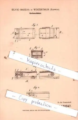 Original Patent  - Silvio Masera in Winterthur , Schweiz , 1901 , Rechenschieber !!!