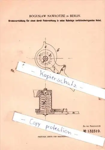 Original Patent  - Boguslaw Nawrotzki in Berlin , 1901 , Bremsvorrichtung !!!