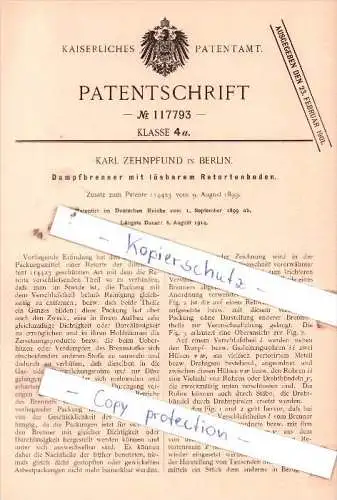 Original Patent  - Karl Zehnpfund in Berlin , 1899 , Dampfbrenner mit Retortenboden !!!