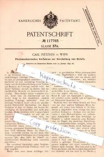 Original Patent  - C. Pietzner in Wien , 1899 , Verfahren zur Herstellung von Reliefs !!!