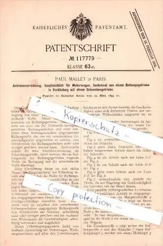 Original Patent  - Paul Mallet in Paris , 1899 , Antriebsvorrichtung für Motorwagen !!!