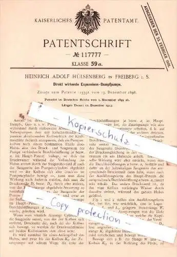 Original Patent  - Heinrich Adolf Hülsenberg in Freiberg i. S. , 1899 , Expansions-Dampfpumpe !!!