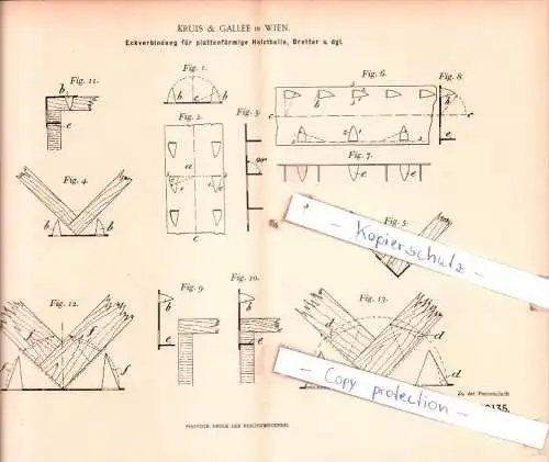 Original Patent  - Kruis & Gallèe in Wien , 1898 , Eckverbindungen für Holztheile, Bretter u. dgl. !!!