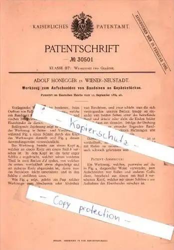 Original Patent  - Adolf Honegger in Wiener-Neustadt , 1884 , Werkzeuge und Geräthe !!!