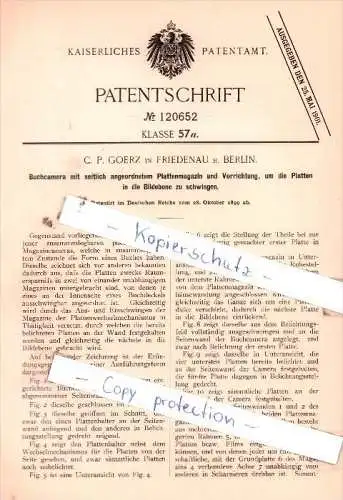 Original Patent  - C. P. Goerz in Friedenau b. Berlin , 1899 , Buchcamera mit Plattenmagazin !!!