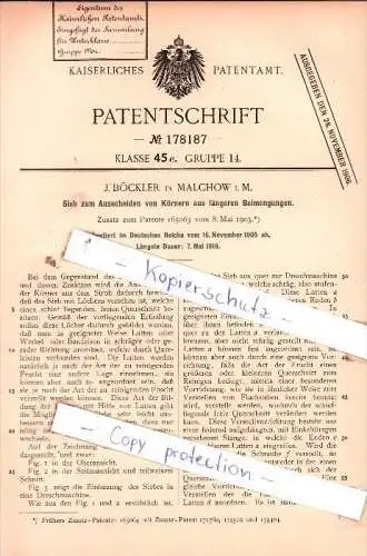 Original Patent  - J. Böckler in Malchow i. Mecklenburg , 1905 , Sieb zum Ausscheiden von Körnern  !!!