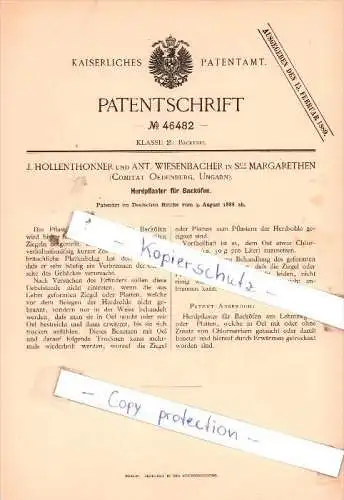 Original Patent  - J. Hollenthonner und Ant. Wiesenbacher in St. Margarethen / Ödenburg , 1888 , Ungarn , Sopron !!!