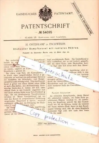 Original Patent  - H. Osterkamp in Eschweiler , 1890 , Dampfkessel nebst Ausrüstung !!!