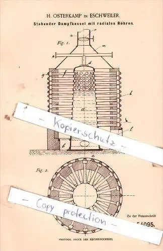 Original Patent  - H. Osterkamp in Eschweiler , 1890 , Dampfkessel nebst Ausrüstung !!!