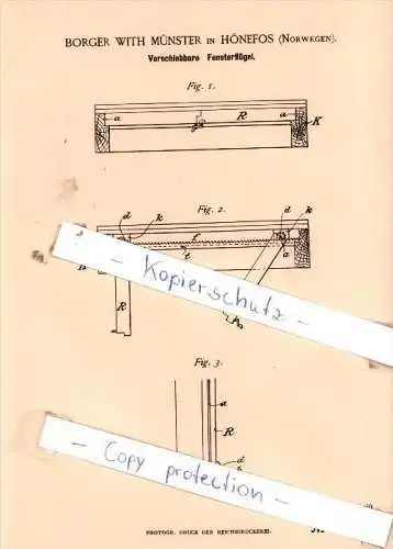 Original Patent  - Borger With Münster in Hönefos , Norwegen , 1888 , Verschiebbare Fensterflügel , Ringerike !!!