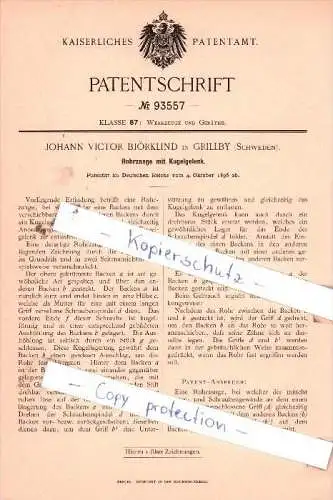 Original Patent  - J. V. Björklind in Grillby / Enköping , Schweden , 1896 , Rohrzange mit Kugelgelenk !!!