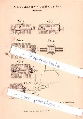 Original Patent  -  A. F. W. Kreinsen in Witten a. d. Ruhr , 1896 , Mauerbolzen !!!