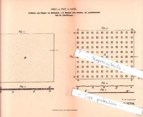 Original Patent  - Emile de Trey in Basel , 1895 , Verfahren zum Belegen von Blattmetall !!!