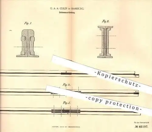 original Patent - G. A. A. Culin in Hamburg , 1888 , Schienenverbindung , Schienen , Eisenbahn , Eisenbahnen , Gleise !!