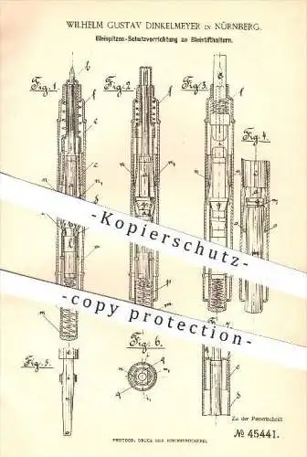 original Patent - W. G. Dinkelmeyer , Nürnberg , 1888 , Bleispitzen - Schutz am Bleistifthalter , Schreibmaterialien