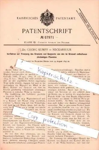 Original Patent  - Dr. Georg Kumpf in Neckarsulm , 1895 , Chemische Apparate und Processe !!!