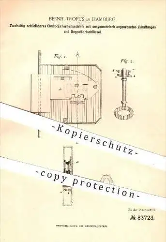 original Patent - B. Tropus , Hamburg , 1895 , Zweiseitig schließbares Chubb - Sicherheitsschloss , Schloss , Schlosser