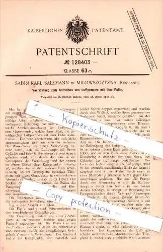 Original Patent  - Sabin Karl Salzmann in Milowszczyzna , Russland , 1901 , Luftpumpen !!!