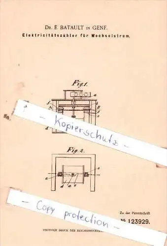 Original Patent  - Dr. E. Batault in Genf , 1898 , Elektricitätszähler für Wechselstrom !!!