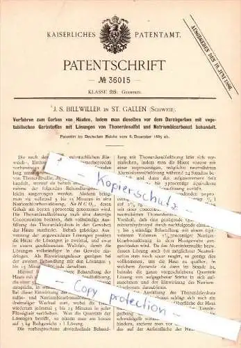 Original Patent  - J. S. Billwiller in St. Gallen , Schweiz , 1885 , Gerberei !!!