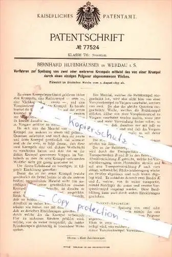 Original Patent  - Bernhard Hufenhäusser in Werdau i. S. , 1893 , Spinnerei !!!