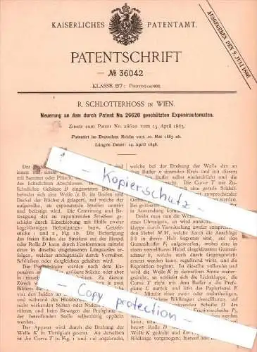 Original Patent  - R. Schlotterhoss in Wien , 1885 , Neuerung an dem Exponirautomaten !!!