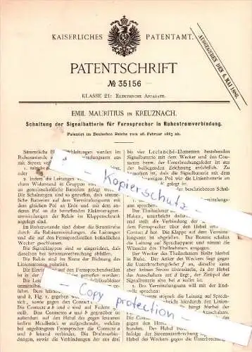 Original Patent  - Emil Mauritius in Kreuznach , 1885 , Elektrische Apparate !!!