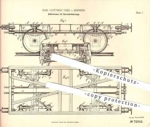 original Patent - Karl Gotthelf Fieke in Dresden , 1893 , Bufferbremse für Eisenbahnen , Eisenbahn , Bremse , Bremsen !!