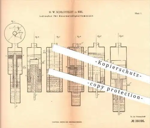 original Patent - H. W. Schlotfeldt in Kiel , 1885 , Indikator für Geschwindigkeitsmesser , Geschwindigkeit , Tachometer