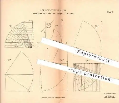 original Patent - H. W. Schlotfeldt in Kiel , 1885 , Indikator für Geschwindigkeitsmesser , Geschwindigkeit , Tachometer