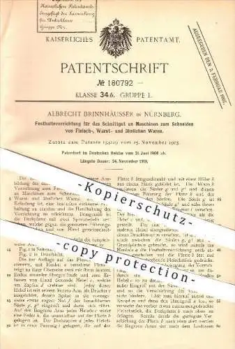 original Patent - A. Brinnhäusser , Nürnberg , 1906 , Schneidemaschine für Fleisch , Wurst , Schneiden , Schlachterei !!