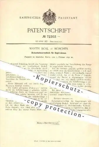 original Patent - Martin Bösl in München , 1893 , Sicherheitsverschluss für Kopierrahmen , Fotografie , Fotograf !!!