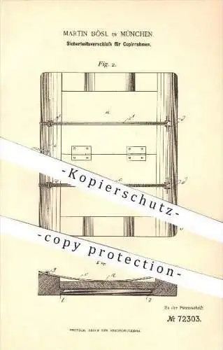 original Patent - Martin Bösl in München , 1893 , Sicherheitsverschluss für Kopierrahmen , Fotografie , Fotograf !!!