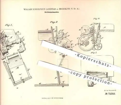 original Patent - William Rodolphus Landfear , Brooklyn , USA , 1892 , Briefstempel - Maschine , Brief , Stempel , Druck