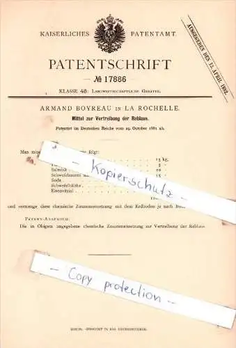 Original Patent  - Armand Boyreau in La Rochelle , 1881 , Mittel zur Vertreibung der Reblaus !!!