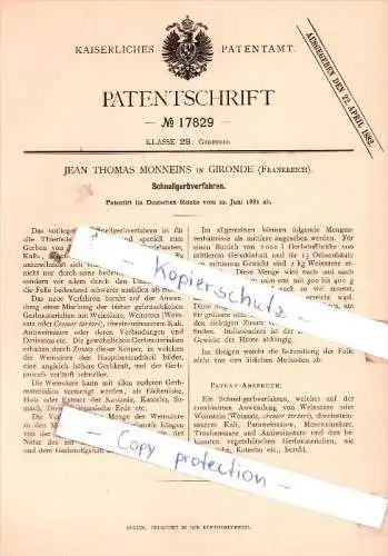 Original Patent  - Jean Thomas Monnenis in Gironde , Frankreich , 1881 , Schnellgerbverfahren !!!