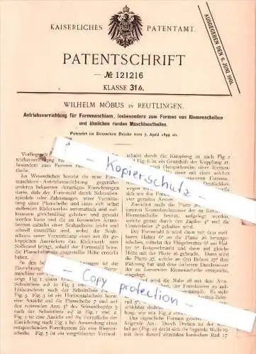 Original Patent  - Wilhelm Möbus in Reutlingen , 1899 , Antriebsvorrichtung für Formmaschinen !!!