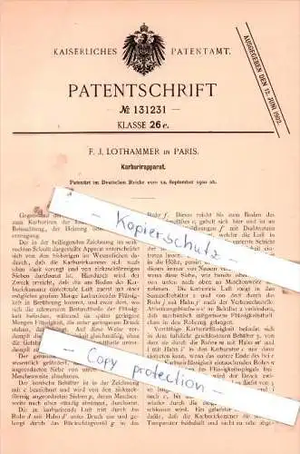 Original Patent  - F. J. Lothammer in Paris , 1900 , Karburirapparat !!!