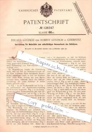 Original Patent  - E. und R. Lötzsch in Chemnitz , 1900 , Webstühle  !!!