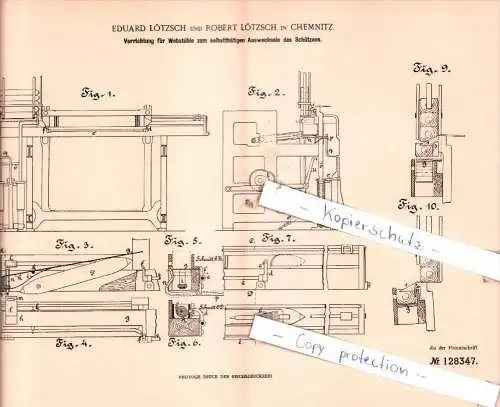 Original Patent  - E. und R. Lötzsch in Chemnitz , 1900 , Webstühle  !!!