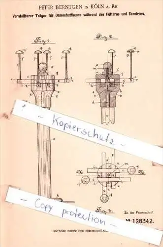 Original Patent  - Peter Berntgen in Köln a. Rh. , 1901 , Träger für Damenhutfacons !!!