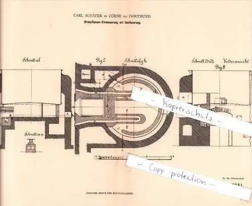 Original Patent  -  C. Schäfer in Cörne bei Dortmund , 1881 , Braupfannen-Einmauerung !!!