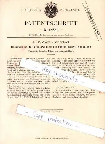 Original Patent  - Louis Voigt in Vetschau , 1880 , Kartoffelsortiermaschinen !!!