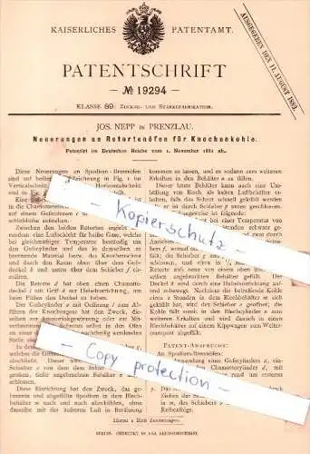 Original Patent  - Jos. Nepp in Prenzlau , 1881 , Neuerungen an Retortenöfen für Knochenkohle !!!