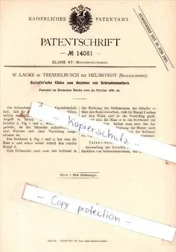 Original Patent  - W. Lauke in Trendelbusch bei Helmstedt , Braunschweig , 1880 , !!!