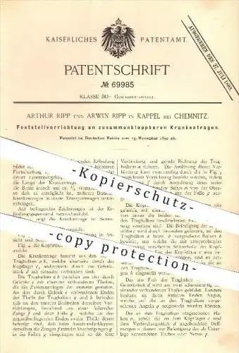 original Patent - Arthur und Arwin Ripp in Kappel , Chemnitz , 1892 , zusammenklappbare Krankentragen , Trage , Tragen !